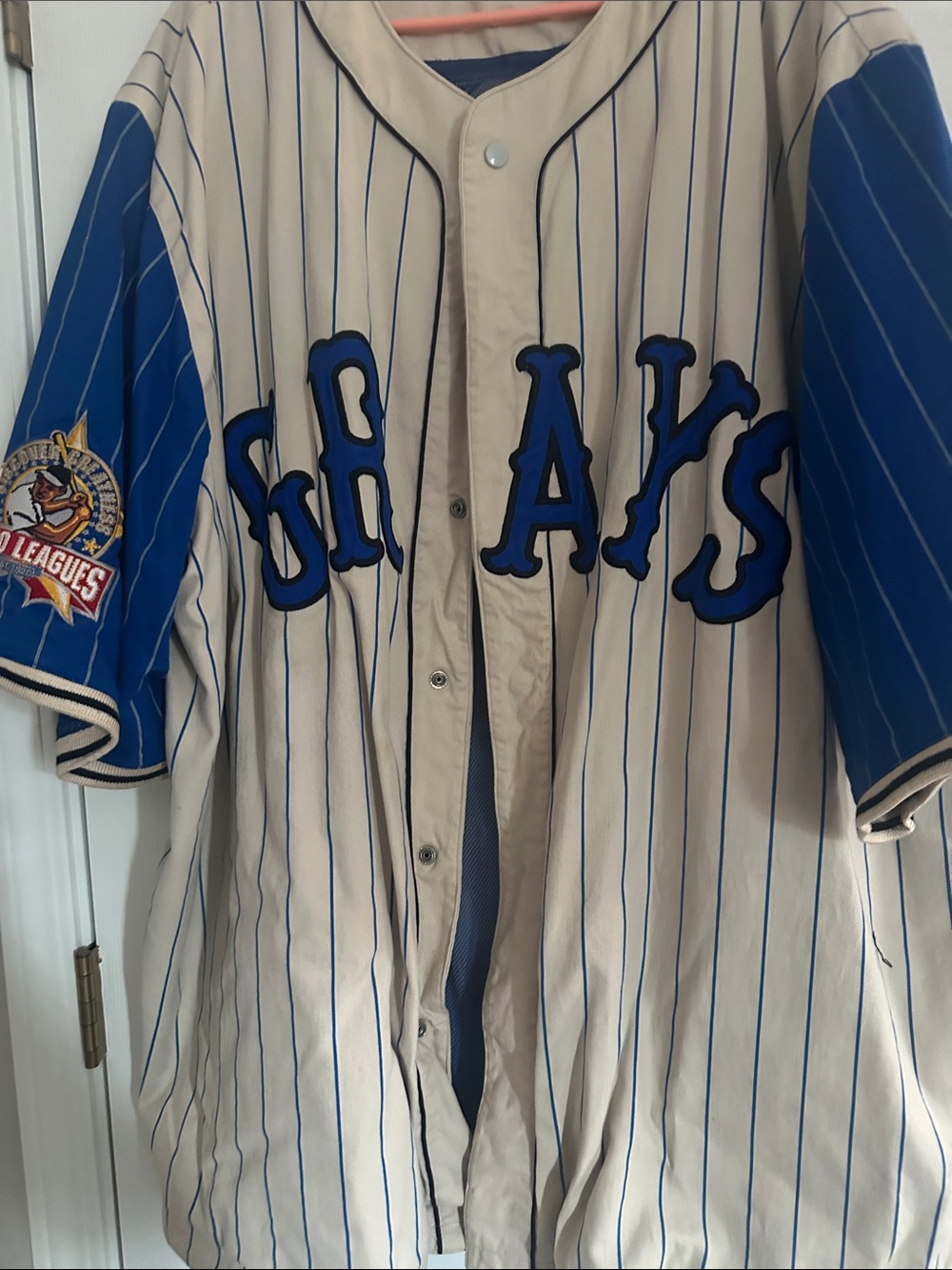 RAYS Pinstripe Baseball Jersey in Cream & Royal Blue